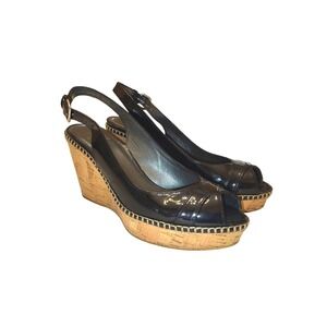 Stuart Weitzman JEAN Black Patent Leather Slingback Cork Wedge Heel Sandals 6.5
